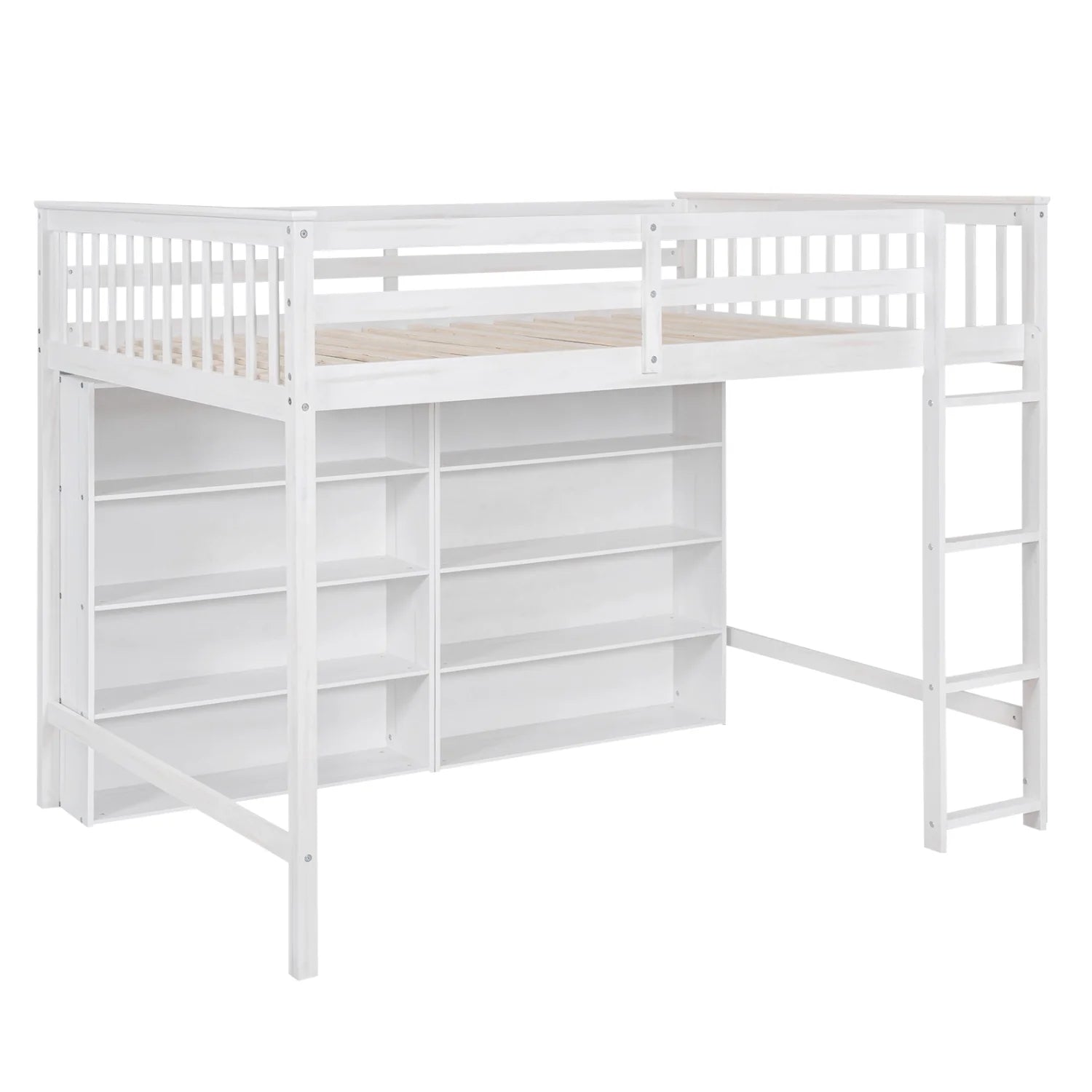 Wood Full Size Loft Bed with 8 Open Storage Shelves and Built-in Bookcase, White U209714