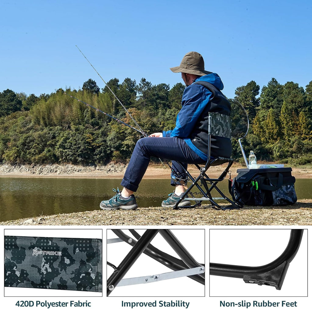 Folding Fishing Chair with Rod Holder, Portable Camping Stool for Adults, 300LBS Q66145
