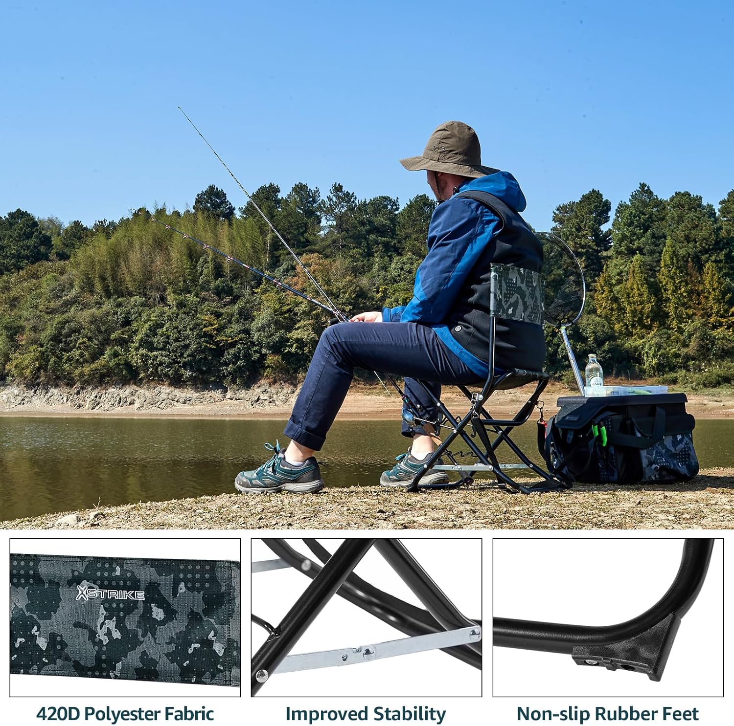 Folding Fishing Chair with Rod Holder, Portable Camping Stool for Adults, 300LBS Q66145