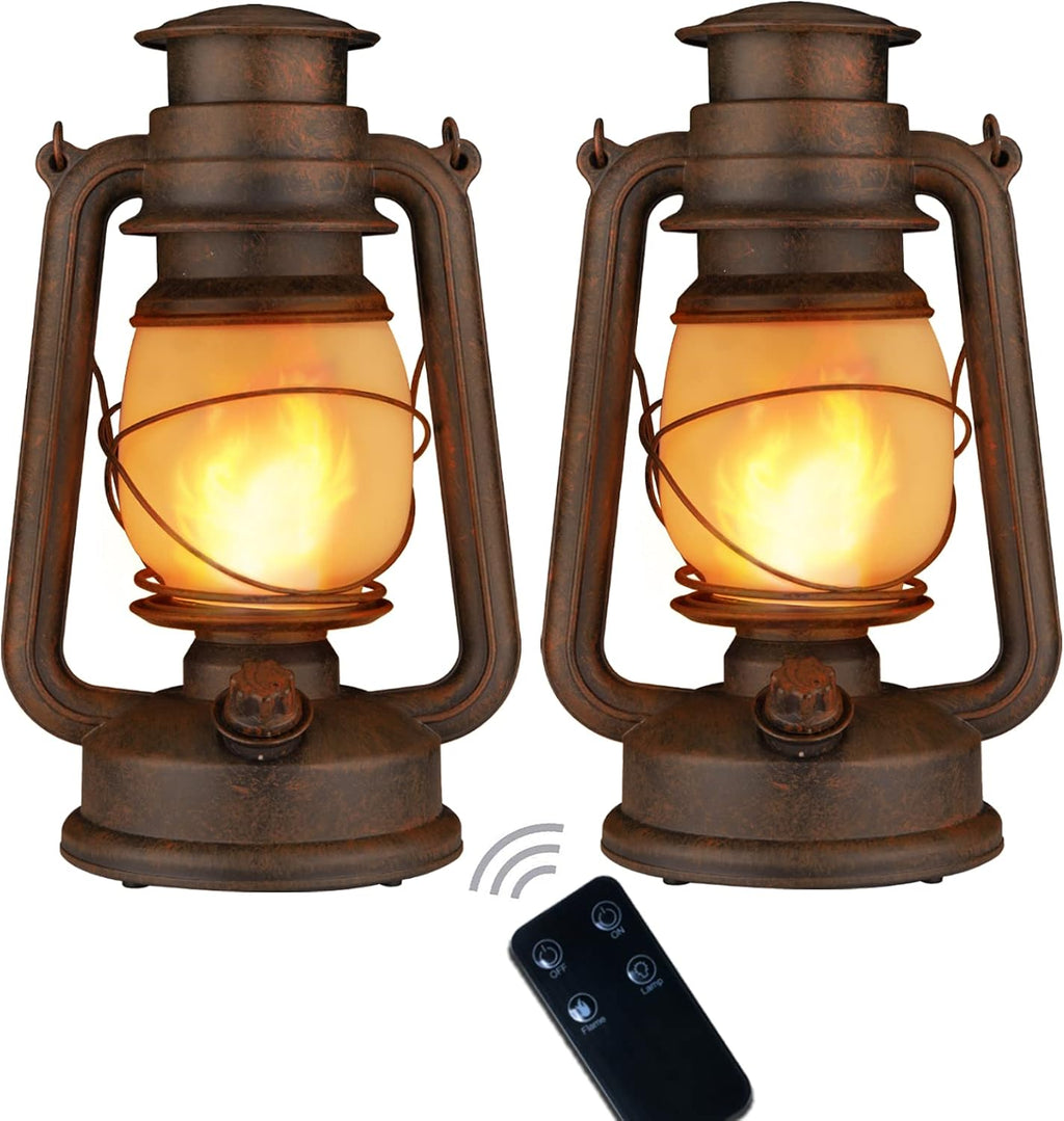 2 Pack Led Vintage Camping Lantern Decorative, Outdoor Lanterns for Patio Waterproof with Remote, Battery Operated Lantern Flickering Flame with Two Modes for Garden Party Halloween Decorations