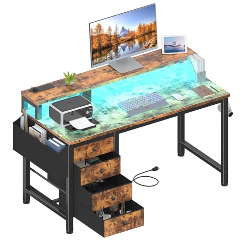 Gaming Desk with LED Lights and Power Outlets, 47 Inch Computer Desk with Fabric Drawers U2584