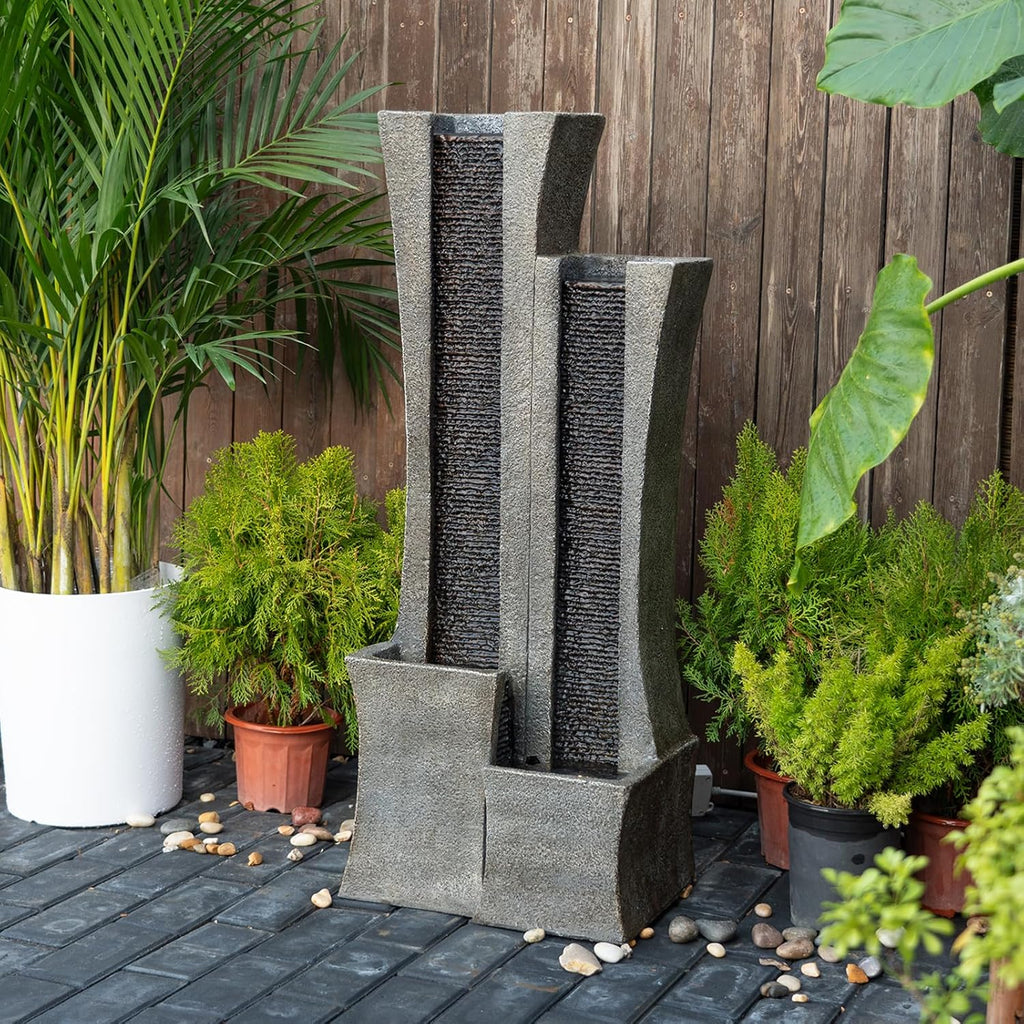 Modern Outdoor Water Fountain Indoor Cascading Floor-Standing Fountains with Led Lights 2-Curved Column Garden Waterfall for Backyard Patio Porch Deck Home 39.76” H