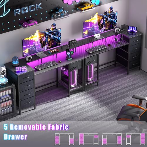47 Inch Computer Gaming Desk with Power Outlets LED Lights and Storage Drawers I77165