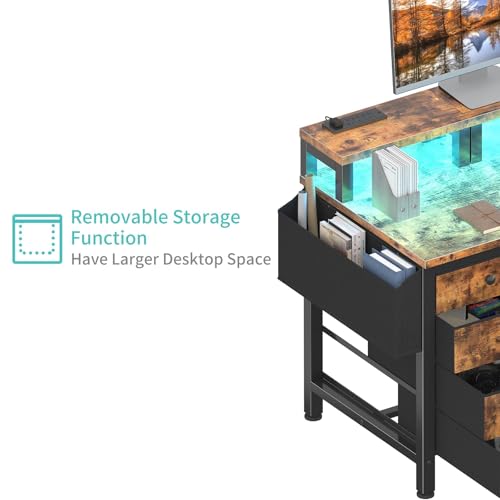 Gaming Desk with LED Lights and Power Outlets, 47 Inch Computer Desk with Fabric Drawers U2584