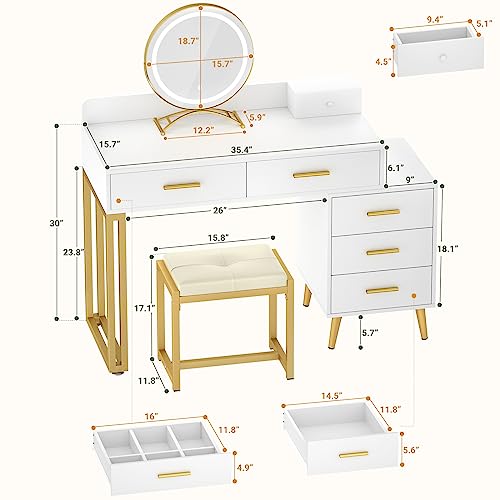 White Vanity Desk with Mirror and Lights, 6 Drawers and Stool Z334