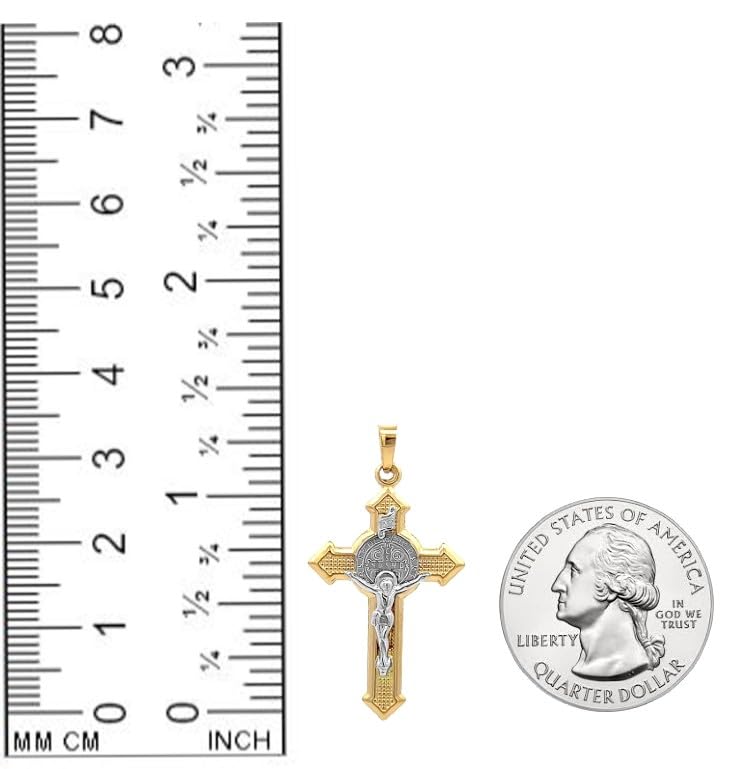 14k Two Tone Gold Saint Benedict INRI Crucifix Cross Reversible Pendant F6031