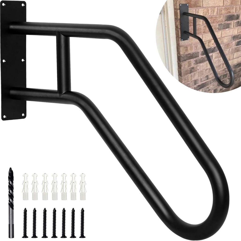 Hand Rails for Outdoor Steps, Stair Railing Wall Mount Handrail for 1-3 Exterior Steps, Stainless Steel Handrails, U-Shape Safety Hand Rail for Elderly for Garage/Porch/Garden (Black)