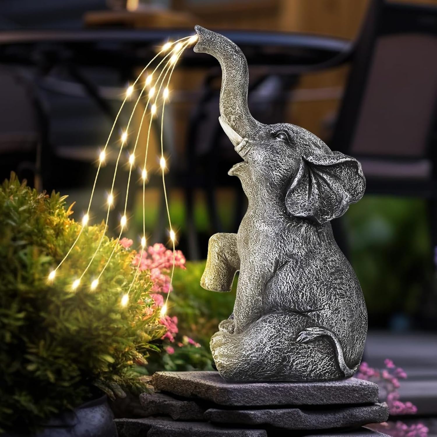 Elephant Statue Solar Garden LED Light Strings, Solar Garden Decor, Garden Statues Outdoor, Elephant Resin Sculptures for Garden, Patio, Yard Art Decor
