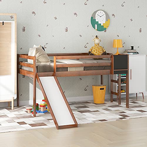 Wood House Loft Bed Frame with Slide and Storage Shelves Z806