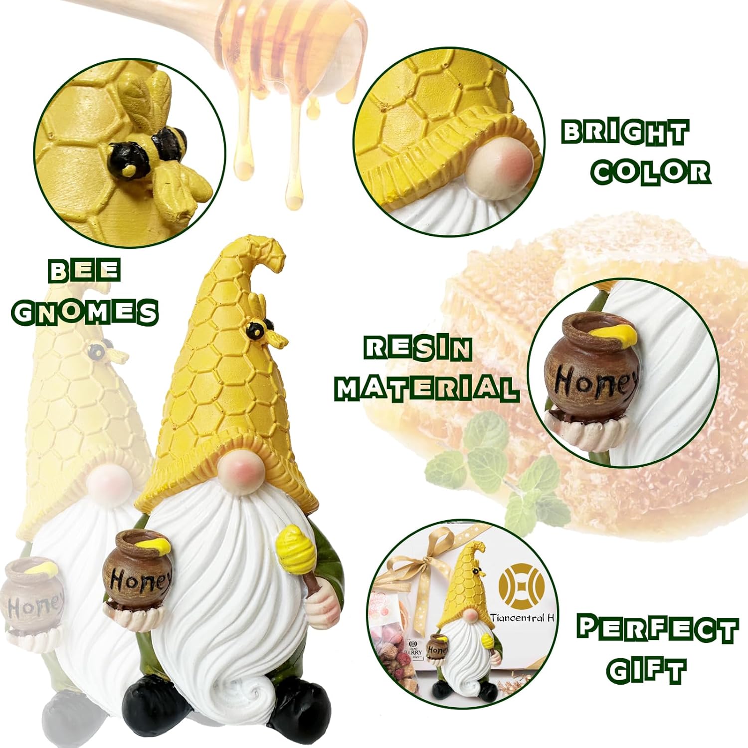 Bee Gnome Figurine Holding Honey Jar Resin Table Decor Y4077