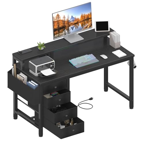 Gaming Desk with LED Lights and Power Outlets, 47 Inch Computer Desk with Fabric Drawers U2584