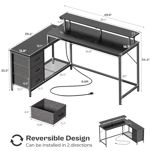 L Shaped Computer Desk with Drawers, LED Lights and Power Outlets O9269