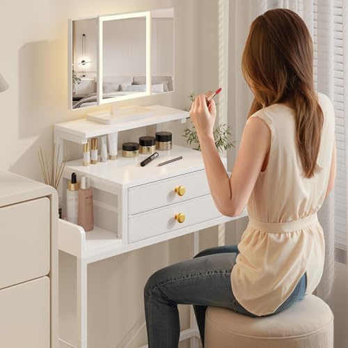 White Vanity Desk with Mirror and Lights R8919