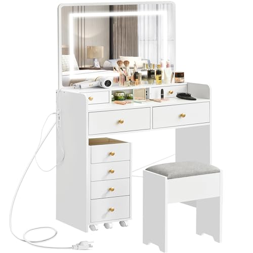 Vanity Desk with Mirror and Lights, Makeup Table with Drawers and Stool B20199