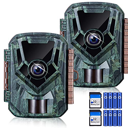 KJK 2 Pack Trail Cameras 36MP 2.7K, 32G SD Card and 8AA Batteries, Game Camera with Night Vision Motion ActivatedWaterproof lP66 0.1s Trigger Time w/ 130°Wide-Angle TrailCam for Wildlife Monitoring