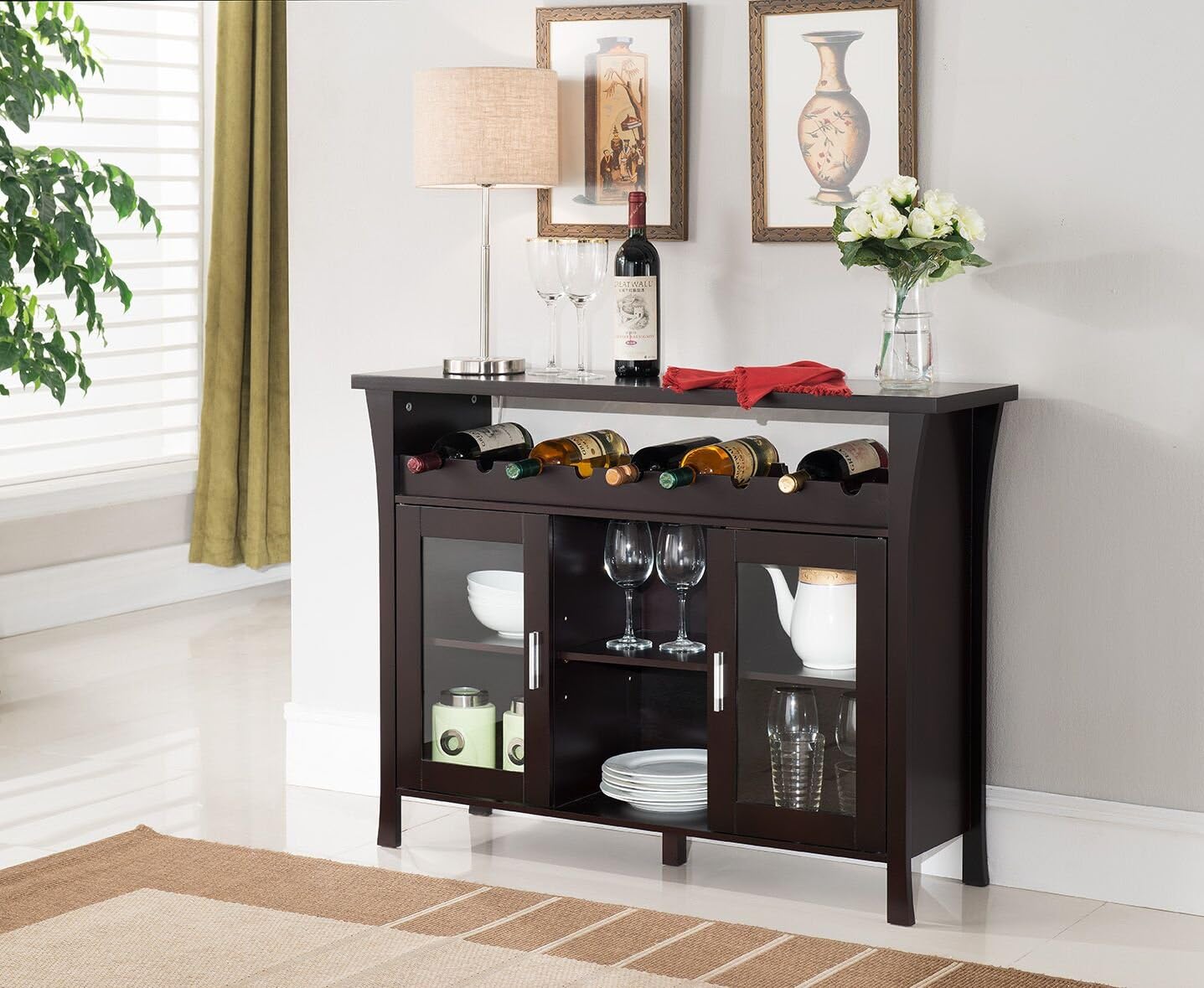 Kings Brand Furniture Wine Rack Buffet Server Console Table with Glass Doors, Espresso