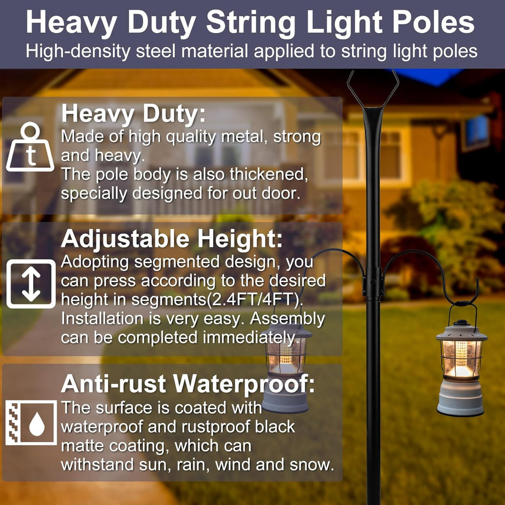 String Light Poles 2 Pack, Adjustable 2.4FT/3.6FT for Outdoor Hanging G359