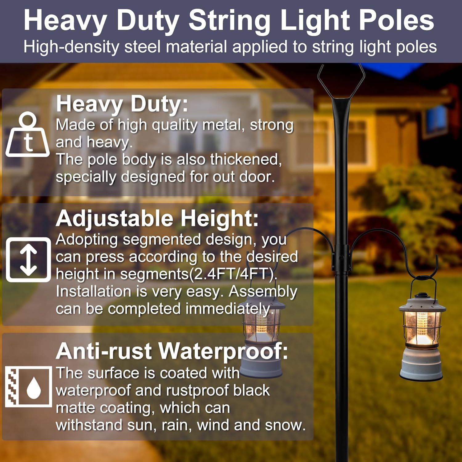 String Light Poles 2 Pack, Adjustable 2.4FT/3.6FT for Outdoor Hanging G359
