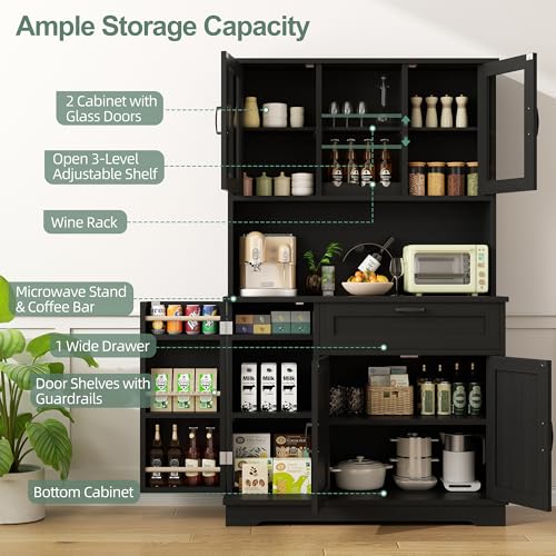 Freestanding Kitchen Pantry Cabinet with Microwave Stand, 4 Doors, Adjustable Shelves and Wine Rack C21265