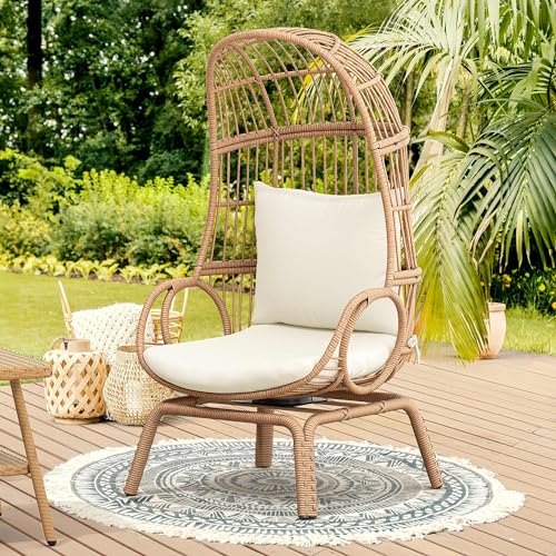 Outdoor Egg Chair with Stand and Cushion, Patio Rattan Basket Chair, Beige F352720