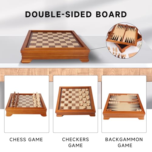 16" 3-in-1 Wooden Folding Chess, Checker & Backgammon Board Game Set L259