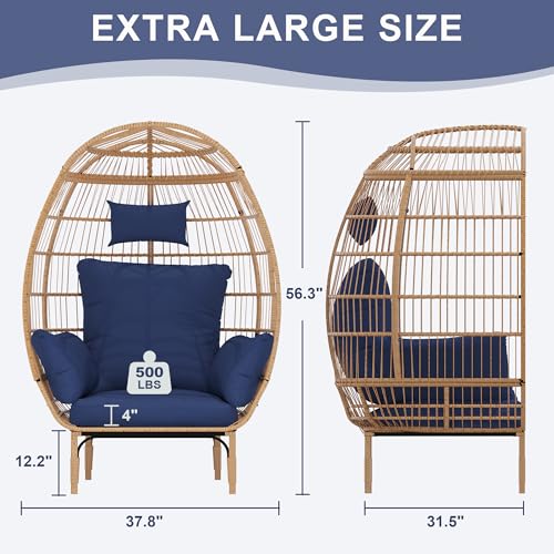 Oversized Wicker Egg Chair with 5 Cushions for Patio and Living Room I822