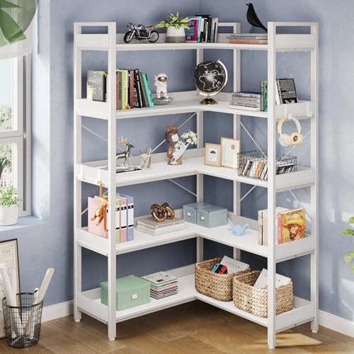 Corner Bookshelf 5-Tier with Hooks, Industrial Wooden Bookcase, Rustic Brown A796