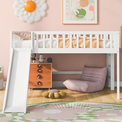 Wood House Loft Bed Frame with Slide and Storage Shelves Z806