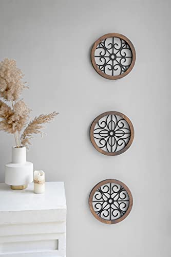 Rustic Round Wall Art 3 Pack Geometric Scrolled Metal with Wooden Frame R67379