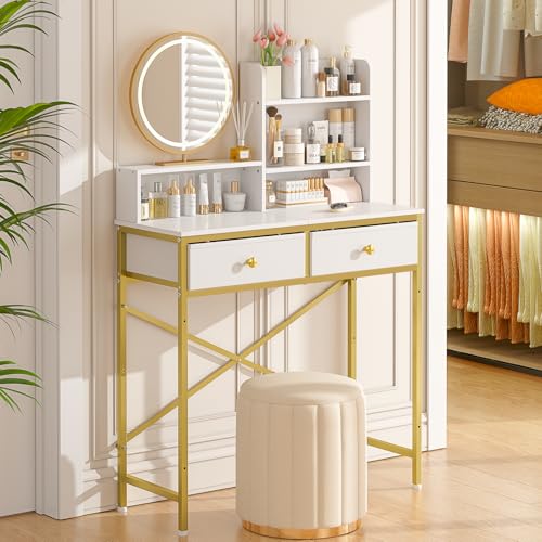 White Vanity Desk with 2 Drawers and Open Shelves B163