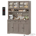 HOSTACK 75.4" Tall Kitchen Pantry Cabinet with Charging Station, Modern White Kitchen Hutch with Microwave Stand and Wine Rack, Large Food Pantry Storage Cabinet with Glass Doors and Drawers, Ash Gray