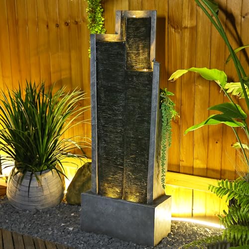 Water Fountain Outdoor Garden Fountains - 39.3"H Modern Cascading Floor-Standing Indoor Waterfall Fountain with Led Lights and Pump Water Fountains Indoor for Office, Houses, Garden, Patio
