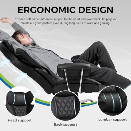 Gaming Chair with Lumbar Support and Footrest, PU Leather, Black E8234