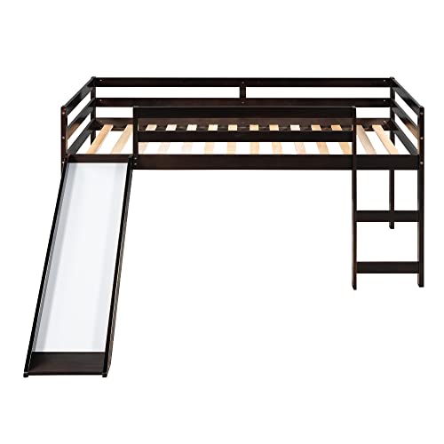 Wood House Loft Bed Frame with Slide and Storage Shelves Z806