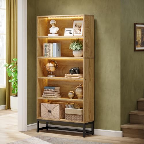 Tall Bookcase with LED Lights, 5-Tier Storage Shelves T8450