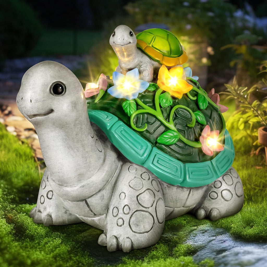 Garden Statues, Turtle Solar Statue Garden Decor Clearance, Cute Turtle Figurines with Baby & 7 LED Solar Lights Lawn Decorations for Patio Yard Gifts for Mom Grandma Housewarming