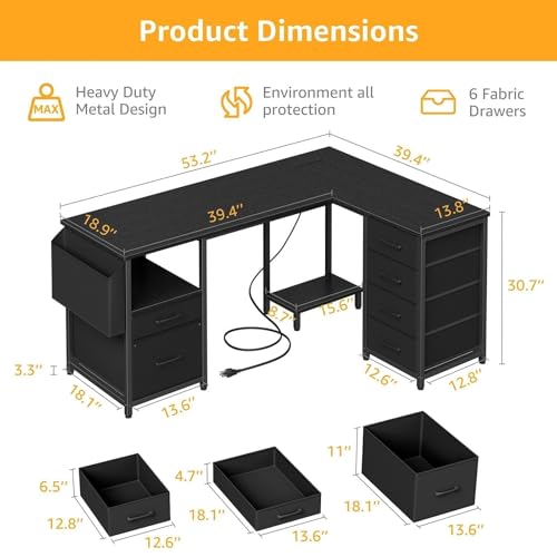 L Shaped Gaming Desk with Storage Drawers and Power Outlets I94529