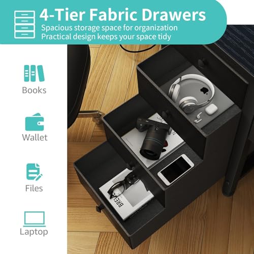 Gaming Desk with LED Lights and Power Outlets, 47 Inch Computer Desk with Fabric Drawers U2584