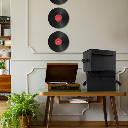 7-inch Vinyl Record Storage Box, Foldable Stackable Set of 2 with Lid and Handle D3720