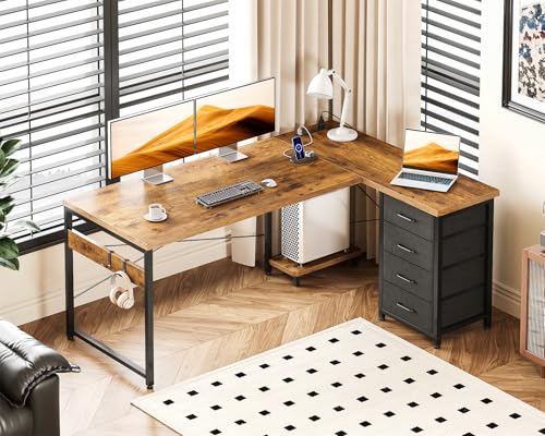 L Shaped Desk with 4 Tier Drawers, Power Outlets & USB, Corner Computer Desk with CPU Stand U4256