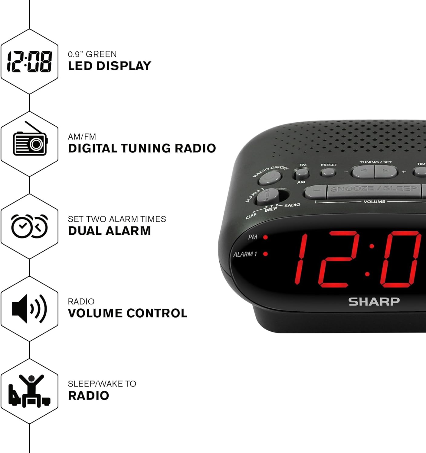 Dual Alarm Clock Radio, AM/FM, Black U7632
