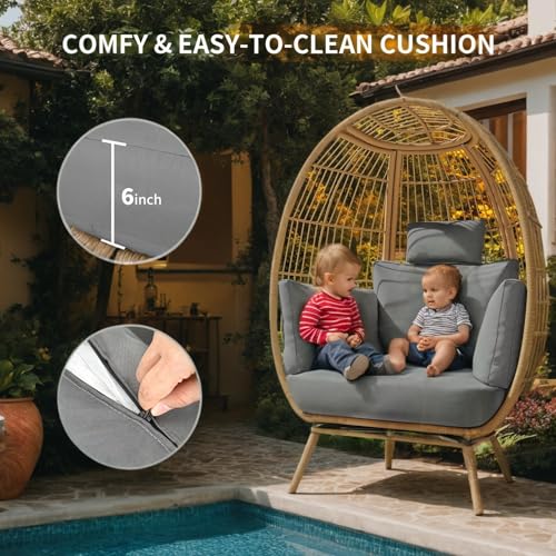 Rattan Egg Chair with Ottoman, Indoor Outdoor Wicker Chair with Footrest, 5 Cushions F541