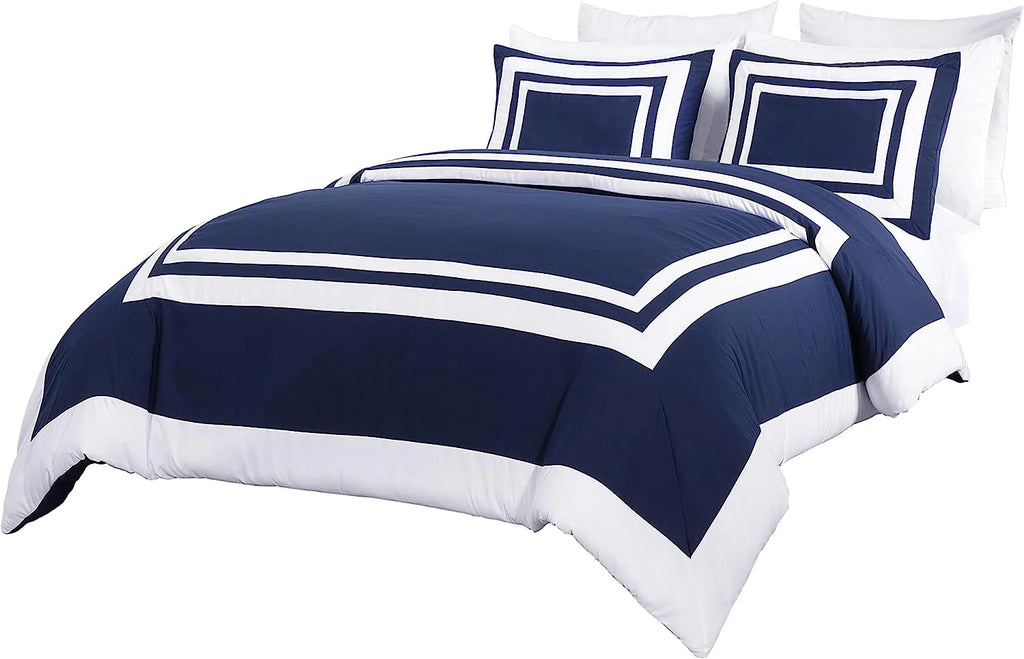 7-Piece King Comforter Set with Sheets Navy White Square Pattern I95367