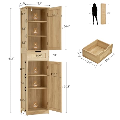 67" Tall Bathroom Cabinet with 2 Doors and 1 Drawer, Adjustable Shelves T930834