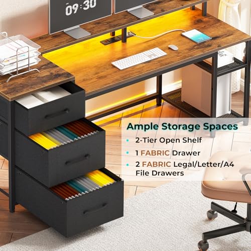Office Desk with Drawers, Reversible Computer Desk with Storage, LED Lights & Power Outlet, Rustic Brown X65554