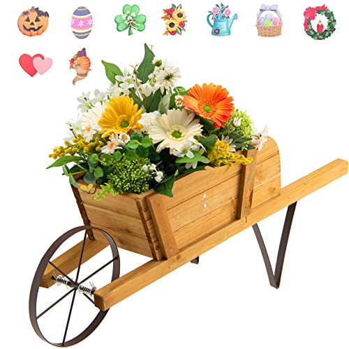 Giantex Wood Wagon Planter, Small Wheelbarrow Wagon Cart, Indoor & Outdoor Decorative Raised Bed W/ 9 Magnetic Accessories, Flower Pot Wheelbarrow Cart for Garden Backyard (Red)