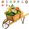 Giantex Wood Wagon Planter, Small Wheelbarrow Wagon Cart, Indoor & Outdoor Decorative Raised Bed W/ 9 Magnetic Accessories, Flower Pot Wheelbarrow Cart for Garden Backyard (Red)