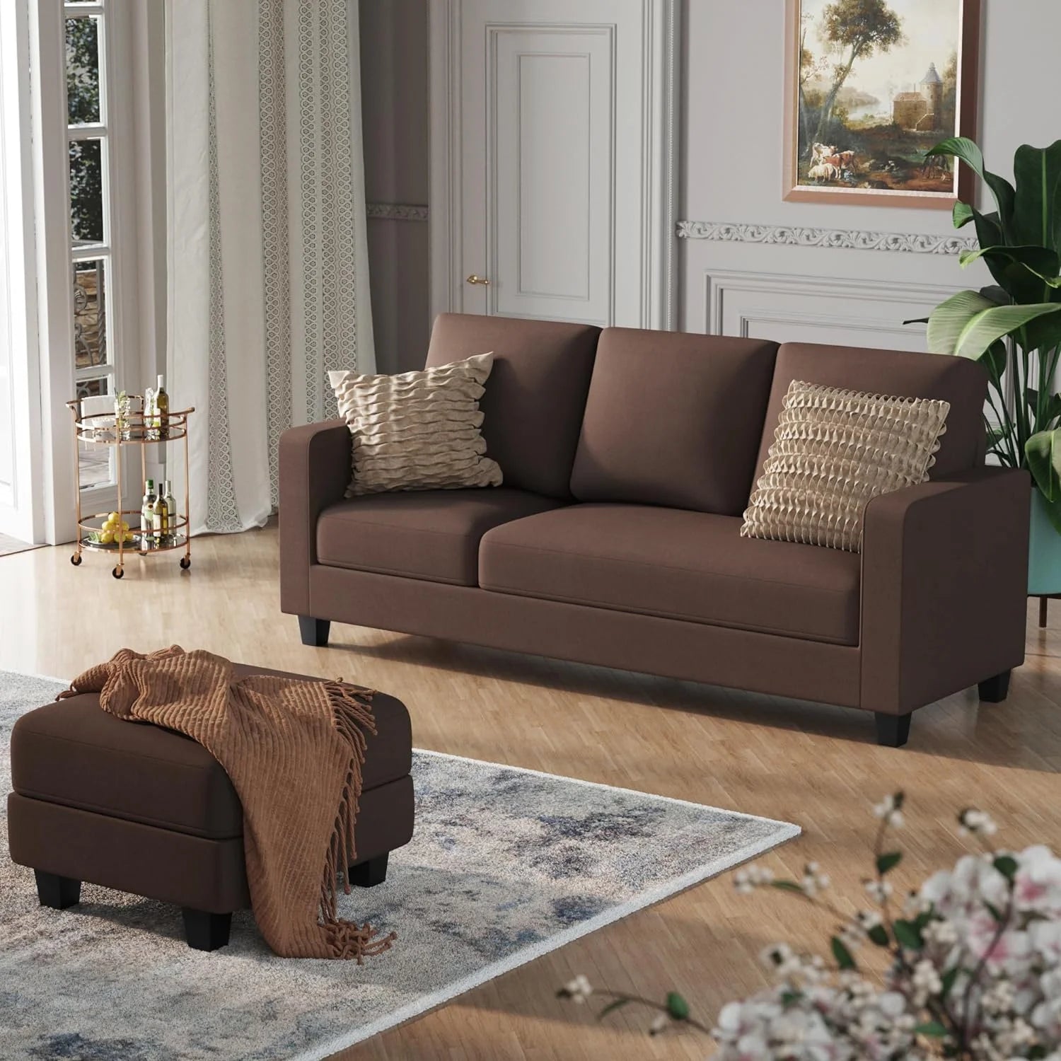 L Shaped 3-Seat Sectional Sofa with Ottoman for Small Spaces, Brown J979264