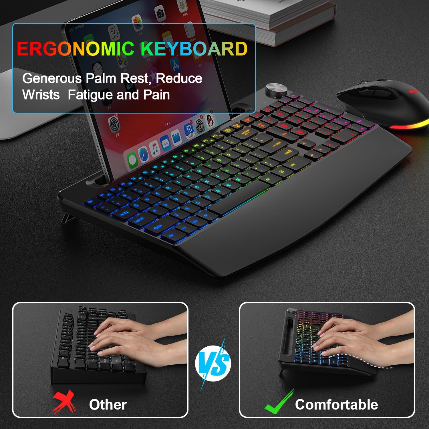 Wireless Keyboard and Mouse Combo, Backlit, Rechargeable, Ergonomic with Wrist Rest H79165