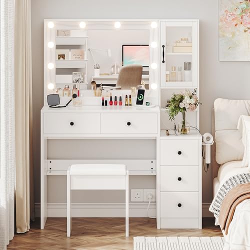 White Vanity Table with Drawer, Charging Station, Lighted Mirror P35549